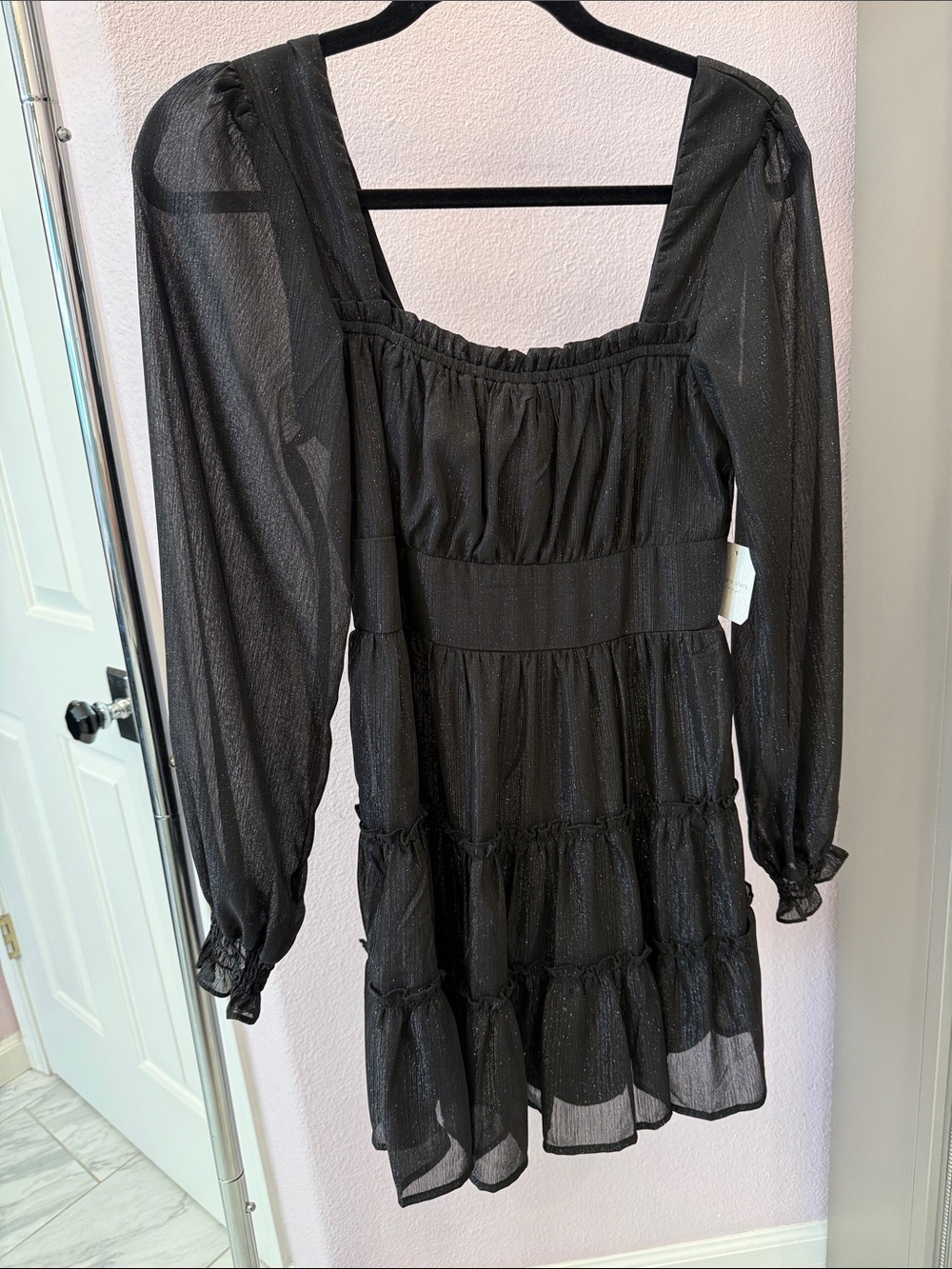 Altar'd State Black Sparkle Tiered Long-Sleeve Dress